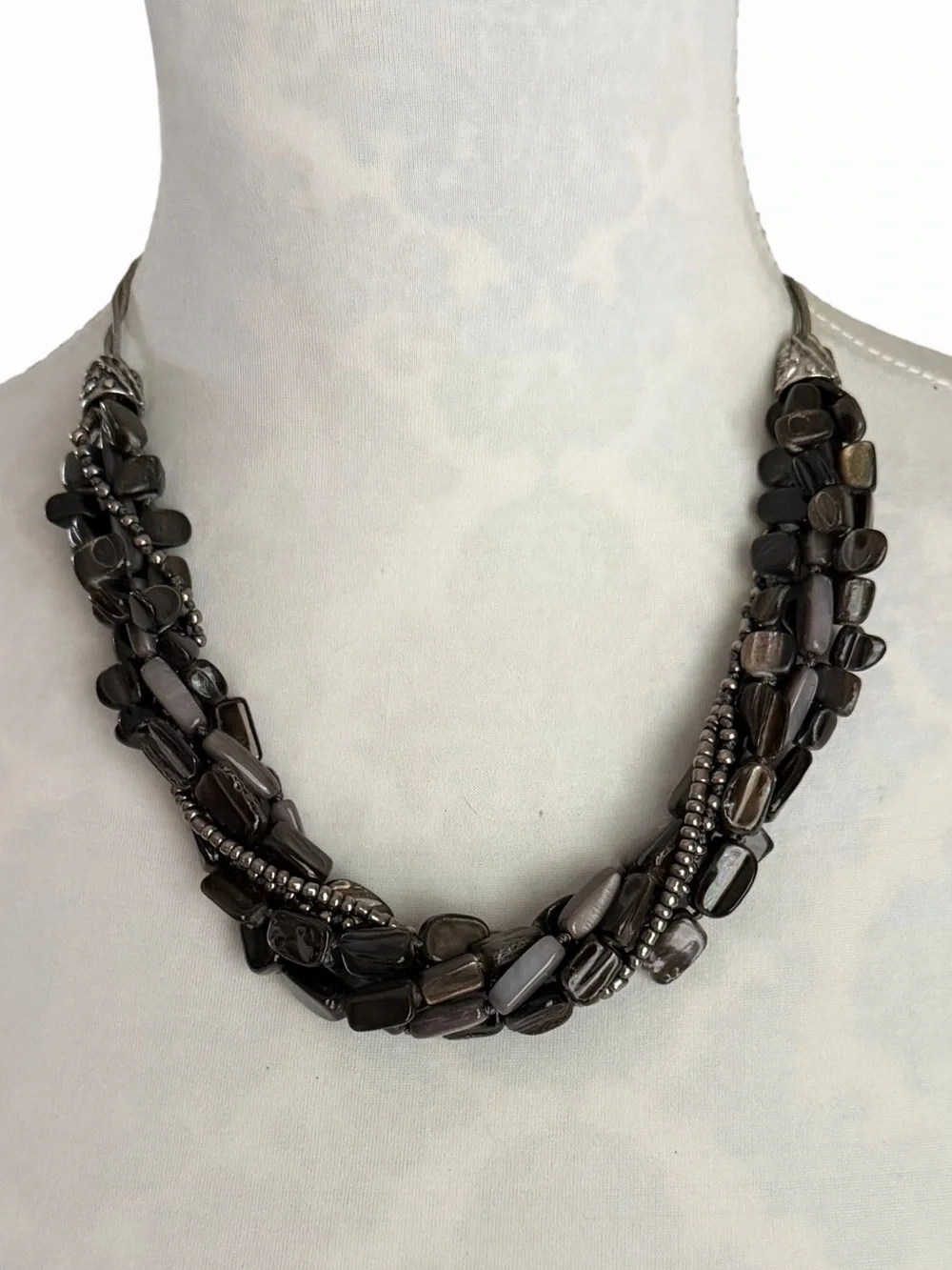 Coldwater Creek Multi Strand Gray Beaded Statement Necklace Silver Tone